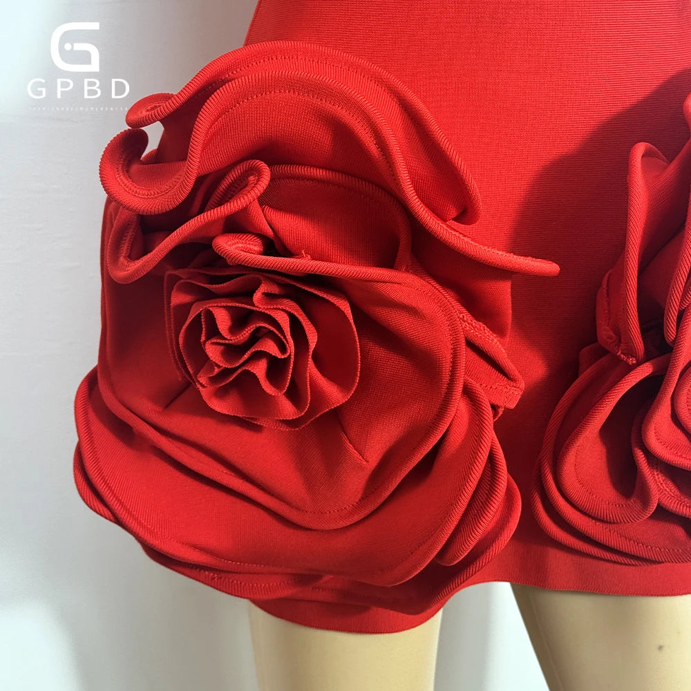 GPBD New Women'S Sexy Strapless Handmade Three-Dimensional Big Flower Tight Mini Bandage Dress Elegant Holiday Party Dress