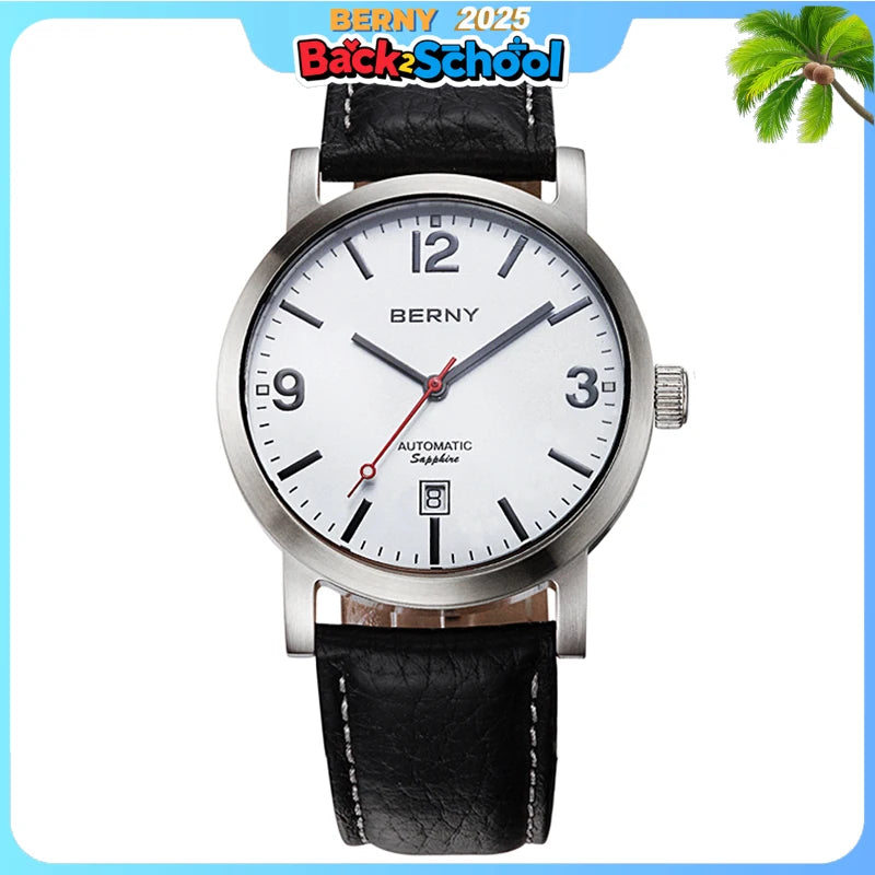 BERNY Men Mechanical Wristwatch 5ATM Waterproof Watch Casual Leather Swiss Railway Timepiece ST1612 Luxury Automatic Men Watch