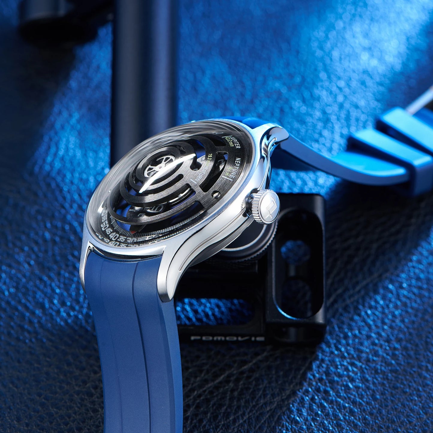 OBLVLO Designer Circular Dial Blue Nightlight Silicone Automatic Watch Unique Rotor Blue Dial Mechanical Watches BLM-SOLAR