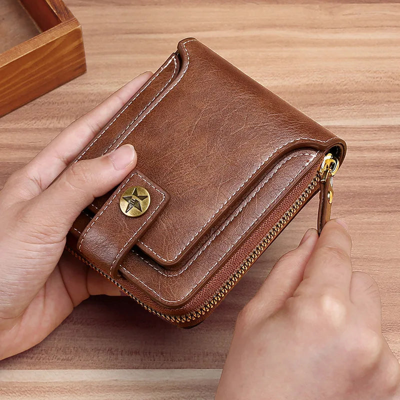 Vintage Short Wallet For Men Leather Coin Pocket Purse Man Multi function Tri Fold Card Holder Small Male Money Clip