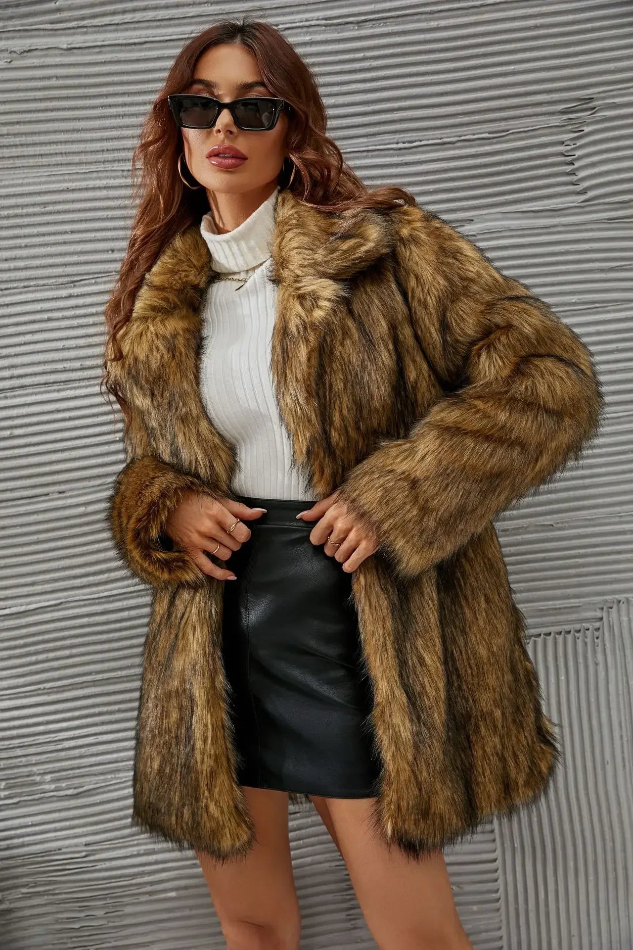 Faux Fur Coat Women Warm Loose Autumn Winter Brown Long Coats Turn Down Collar Sleeve High Waist Maxi Elegant 2024 Jacket