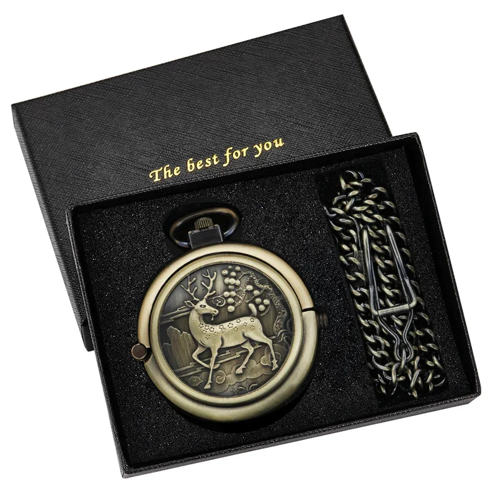 Bronze Elk Manual Mechanical Pocket Watch Roman Numerals Skeleton Dial Pendant Clock  Casual Fashion Gifts for Women Men Relógio