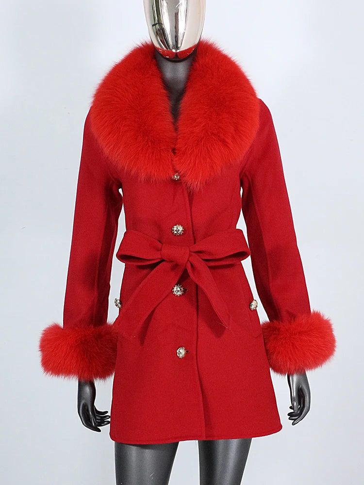 2022 Winter Jacket Women Real Fur Coat Natural Fox Fur Collar Cuffs Belt Cashmere Wool Woolen Warm Outerwear Fashion Streetwear