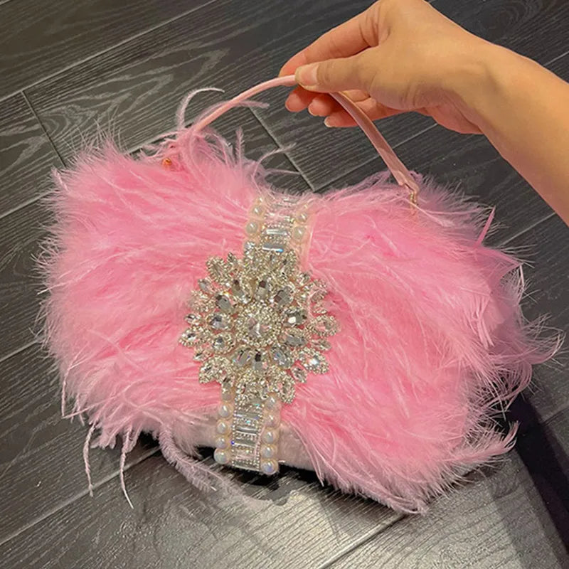 Luxury Ostrich Feather Handbags Diamond Bag Pearl Evening Bags For Women Shoulder Crossbody Bag Party Purse Wedding Clutch
