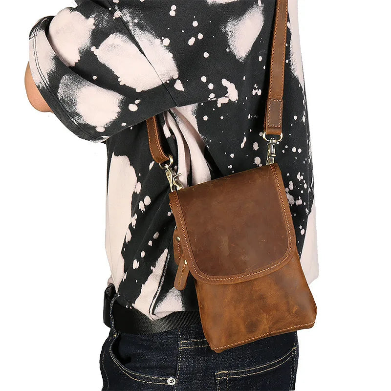 7.5" Leather Phone Pouch phone bag men wear leather belt mobile phone fanny pack for shoulder bag holster leather Mini Men's bag