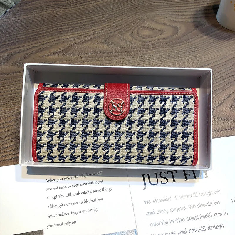 2024 New Genuine Leather Women Wallets Houndstooth Embroidery Long Wallet Excellent Cowhide Billfold For Cell Phone Clutch Bags