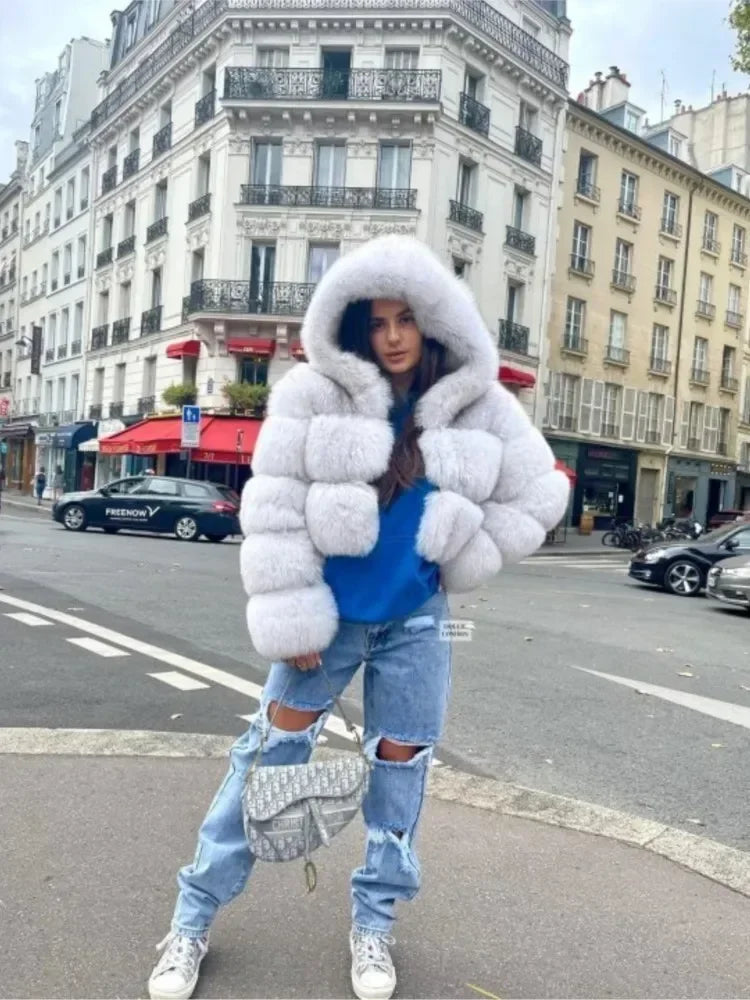 Fashion Warm Faux Fur Thicken Coat For Women Vintage Long Sleeve Hooded Short Female Jackets Autumn Winter Chci Lady Streetwear