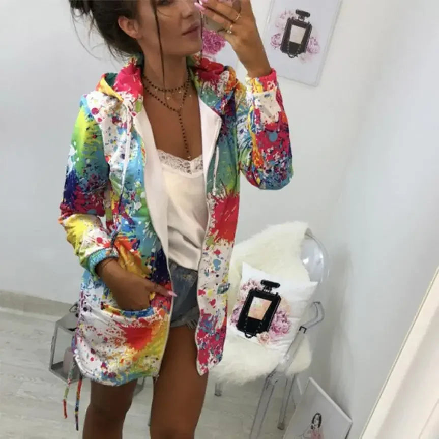 Black Jackets Women Outerwear Coats 2025 Jackets Female Fashion Tie Dyeing Print Outwear Sweatshirt Hooded Zopper Coat Harajuku