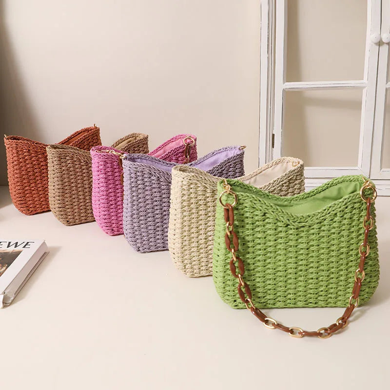 Small fresh purple underarm woven bag New crescent single shoulder solid straw woven bag Women's beach holiday beach bag
