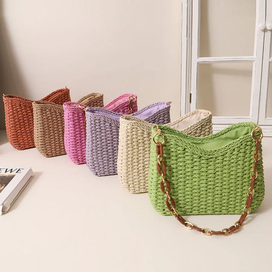 Small fresh purple underarm woven bag New crescent single shoulder solid straw woven bag Women's beach holiday beach bag