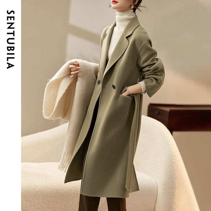 SENTUBILA 100% Woolen Long Coat For Women 2025 Winter Thick Straight Belted Mid-length Warm High Quality Outerwear W44O56770X