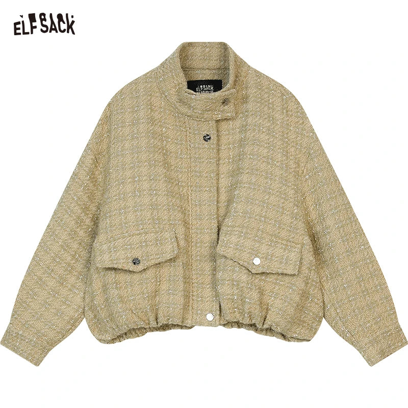 ELFSACK 2025 Spring New Arrivals Fashion Korean Outerwear Woman Stand Collar Cropped Jacket Female