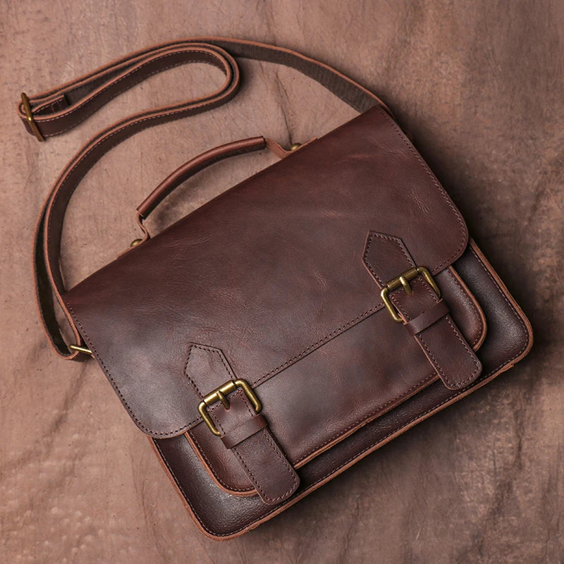 LUOKIR Men's Genuine Leather Handbag Vintage Cowhide Shoulder Crossbody Classic Flap Messenger Preppy Style Cambridge Book Bags