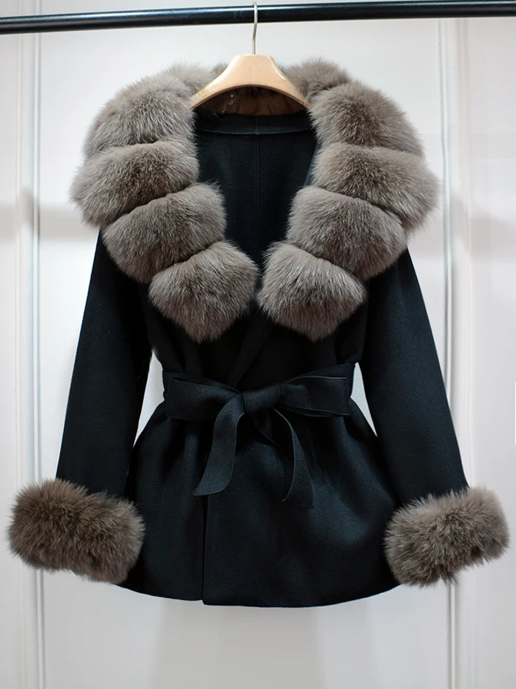 2025 Fashion Winter Real Fox Fur Collar Cuff Cashmere Wool Coat Women Suit Collar Warm Loose Mid Length Belted Wool Coat Blends