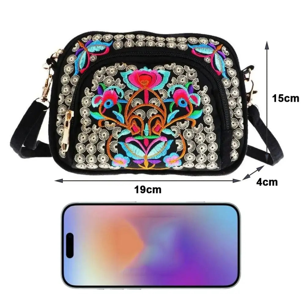 Ethnic Style Women Shoulder Bag Vintage Zipper Floral Embroidered Travel Pouch Cotton Mobile Phone Bag Crossbody Bag
