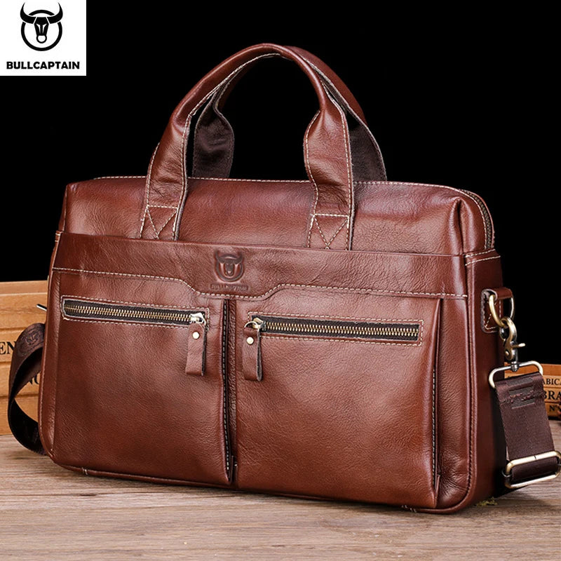 BULLCAPATIAN Men's Briefcase Genuine Leather Business Tote Bag Top Layer Cowhide Vintage Briefcase Messenger Bag Computer Bag