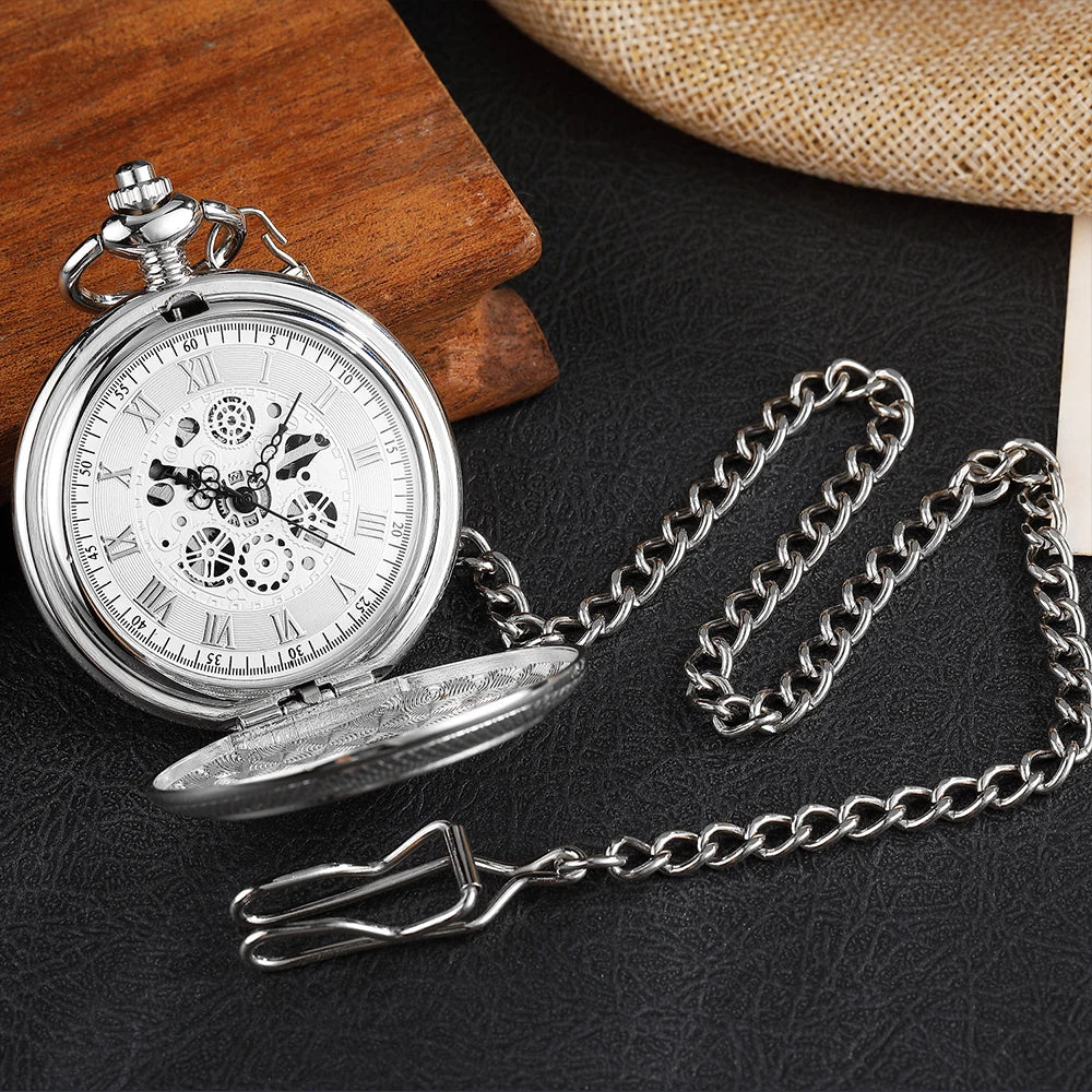 Retro Mechanical Pocket Watch Red Cross Hand-winding Silver Edelweiss Sculpture Hollow Vintage Skeleton Watches Men FOB Chain