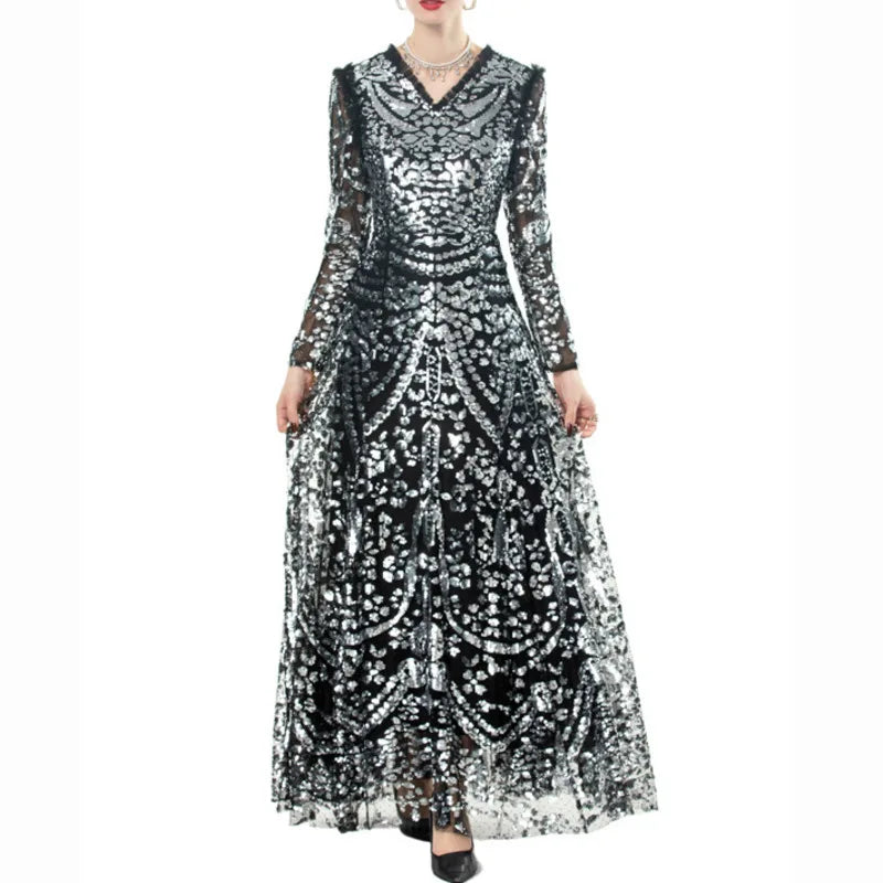 QMQA Fashion Women's Luxury Sequin Dress V-neck Long Sleeved High Waist Slimming Elegant Banquet Evening Dresses 2025 New QM167