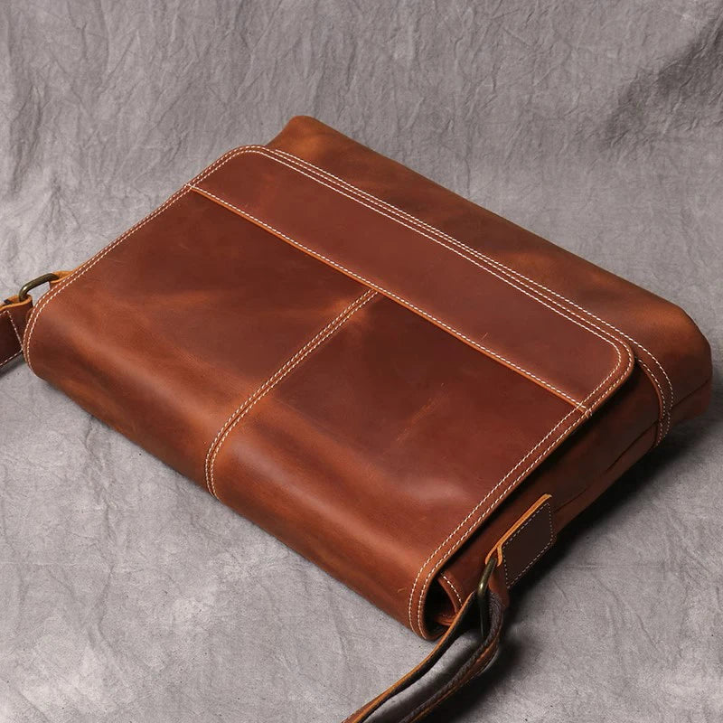 Retro Crazy Horse Leather Men's Shoulder Bag Handmade Men's Messenger Bag Top Layer Cowhide Flap Crossbody Bag