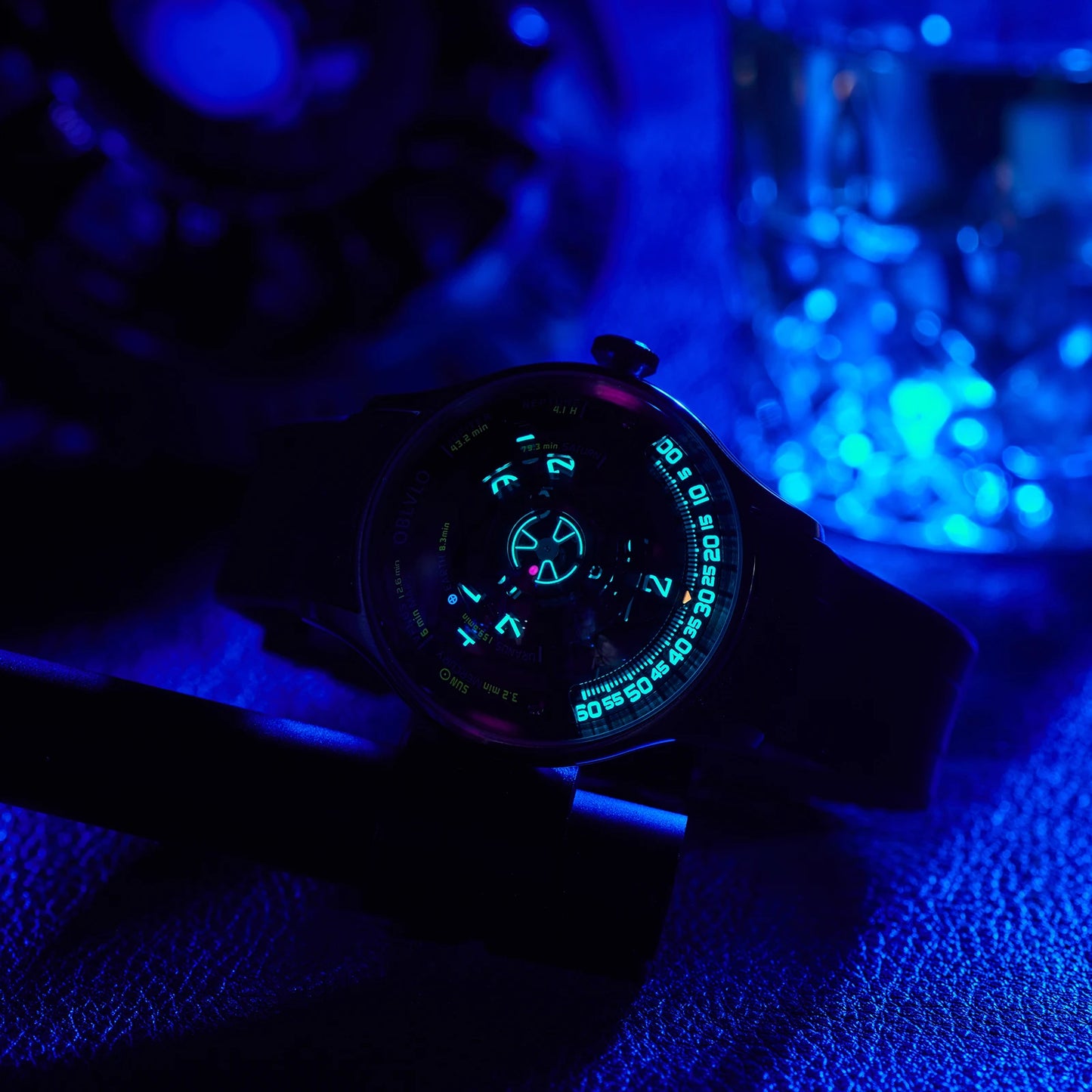 OBLVLO Designer Circular Dial Blue Nightlight Silicone Automatic Watch Unique Rotor Blue Dial Mechanical Watches BLM-SOLAR
