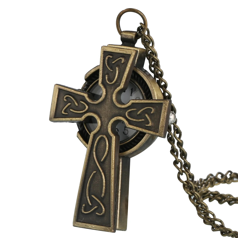Cool Cross Design Vintage Bronze Quartz Fob Pendant Pocket Watch With Necklace Chain Best Gift