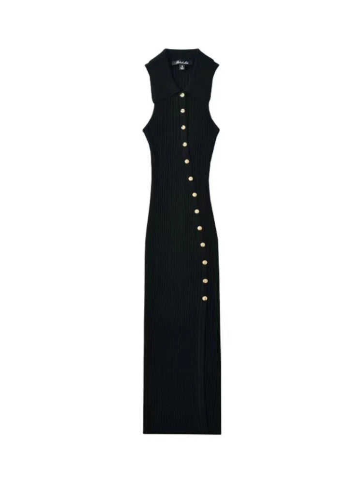 Women Dress Slim Fit Long Dresses Sexy V Neck Sleeveless Hip Wrap Elegant Splice Solid Regular Vestidos Button 2025 Summer