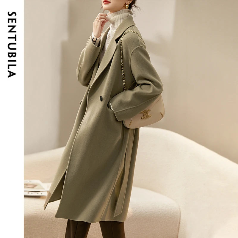 SENTUBILA 100% Woolen Long Coat For Women 2025 Winter Thick Straight Belted Mid-length Warm High Quality Outerwear W44O56770X