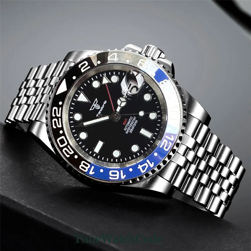 Tandorio 40mm NH34A Men's Automatic Watch GMT Function Luminous Black Dial Sapphire Crystal Auto Date Bracelet Rotating Bezel