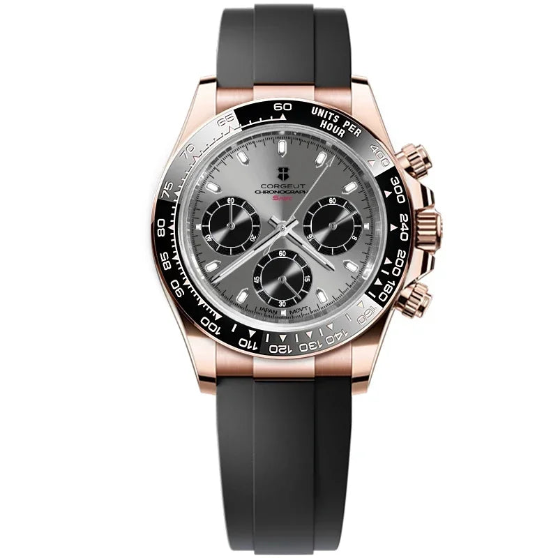 CORGEUT VK63 High Luxury Quartz Movement Silica Gel Sports Men's Watches Sapphire Flat Mirror Watch for Man Run Seconds