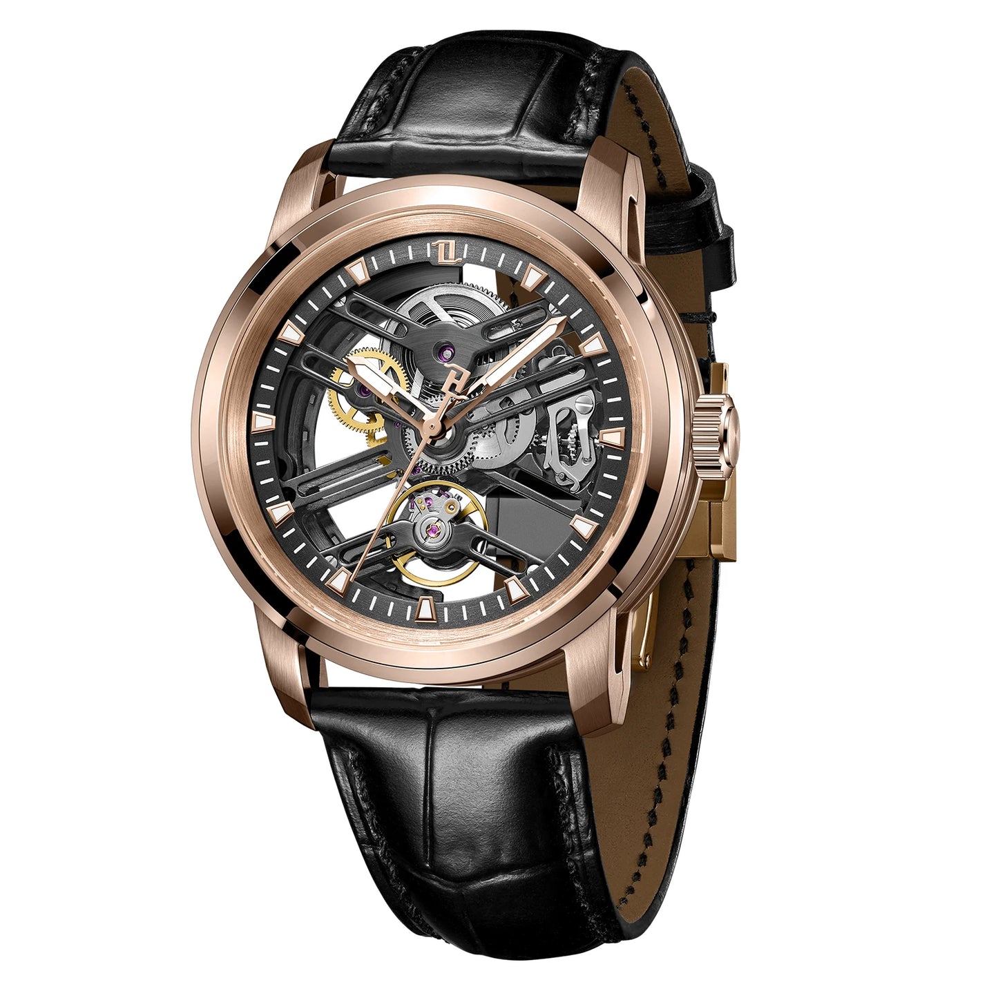 OBLVLO New Hollow-out Transparent Mechanical Automatic Men Watch Blue Skeleton Dial Leather Strap Luminous Classic Watches KM-S