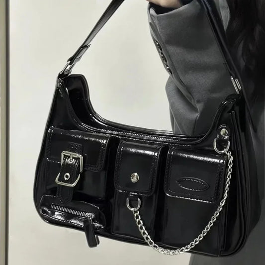 Xiuya Y2k Moto Biker Handbags for Women 2023 Gothic Fashion High Street Shoulder Bag Black Patent Leather Casual Coin Purse