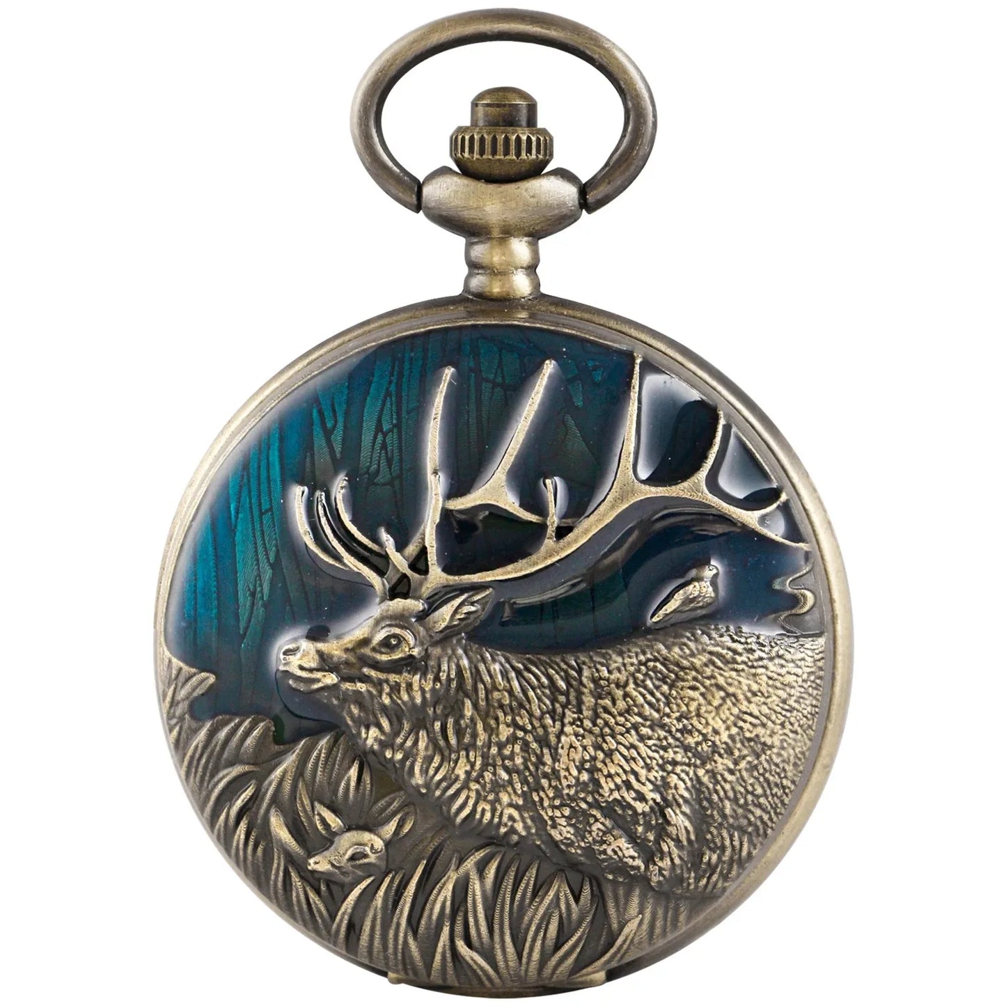 Exquisite Animal Reindeer Green/red Oil Painting Quartz Pocket Watch Vintage Pendant Bracelet Men's and Women's Clock Gifts