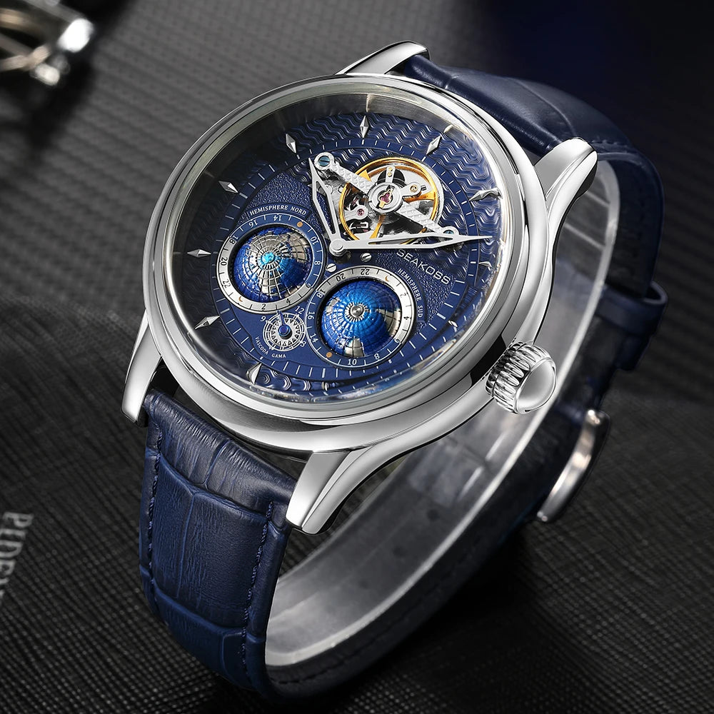 SEAKOSS 3D Double Earth Rotating Men's Mechanical Watch Automatic Movement Waterproof Clock Pilots Male 1963 Flywheel Watches
