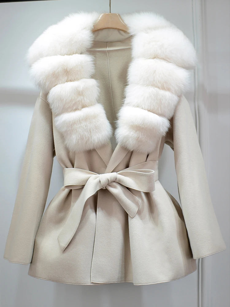 Janveny Wool Coat Women 2025 New Winter Autumn Cashmere Coats Luxury Real Fox Fur Collar Ladies Elegant Belt Design Outwear
