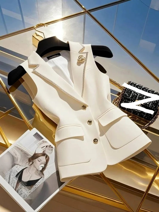 French Elegant Fashion White Suit Vest Women Clothing Summer New High Waist Elegant Slimming Sleeveless Coat Office Lady Clothes