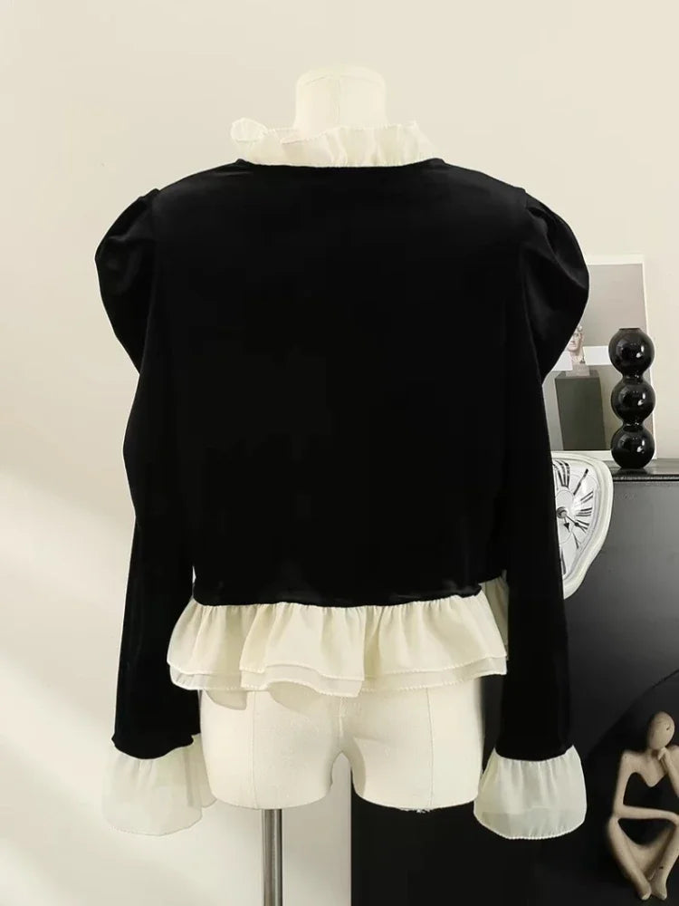 Velvet Jackets for Women Vintage Ruffles Design Temper Fashion French Style Aesthetic Clothes All-match Soft Autumn Winter Mujer