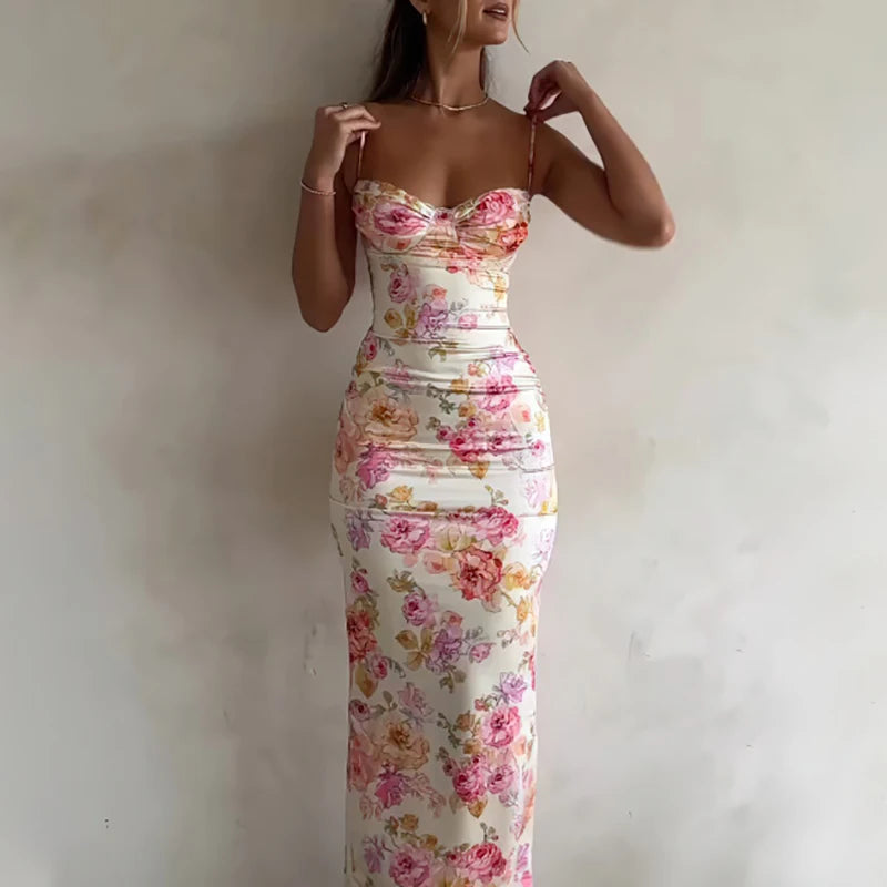 Summer Flower Print Sleeveless Straps Dress Women Sexy V Neck Lace Slim Bodycon Long Dress Spring Hollow Out Night Party Dresses