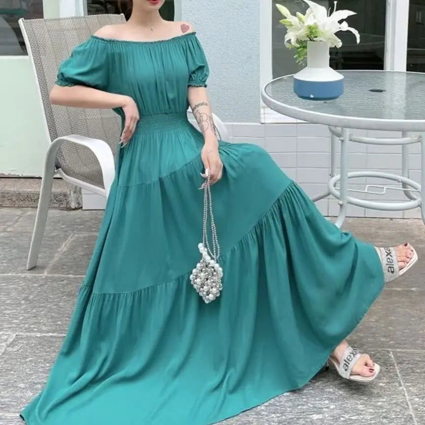 Cotton Silk floral Short sleeved Dress Beach vacation Big swing Dress New Summer 2025 Printed One neck Long Dresses