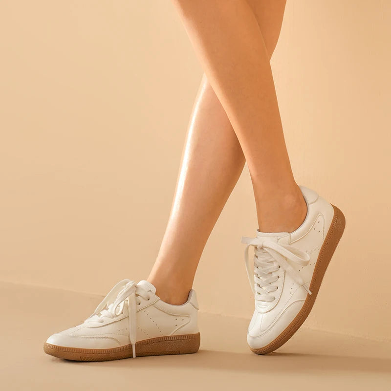 BEAUTODAY White Sneakers Women Cow Leather Lace-up Round Toe Sewing Ladies Trainning Shoes Handmade 29932