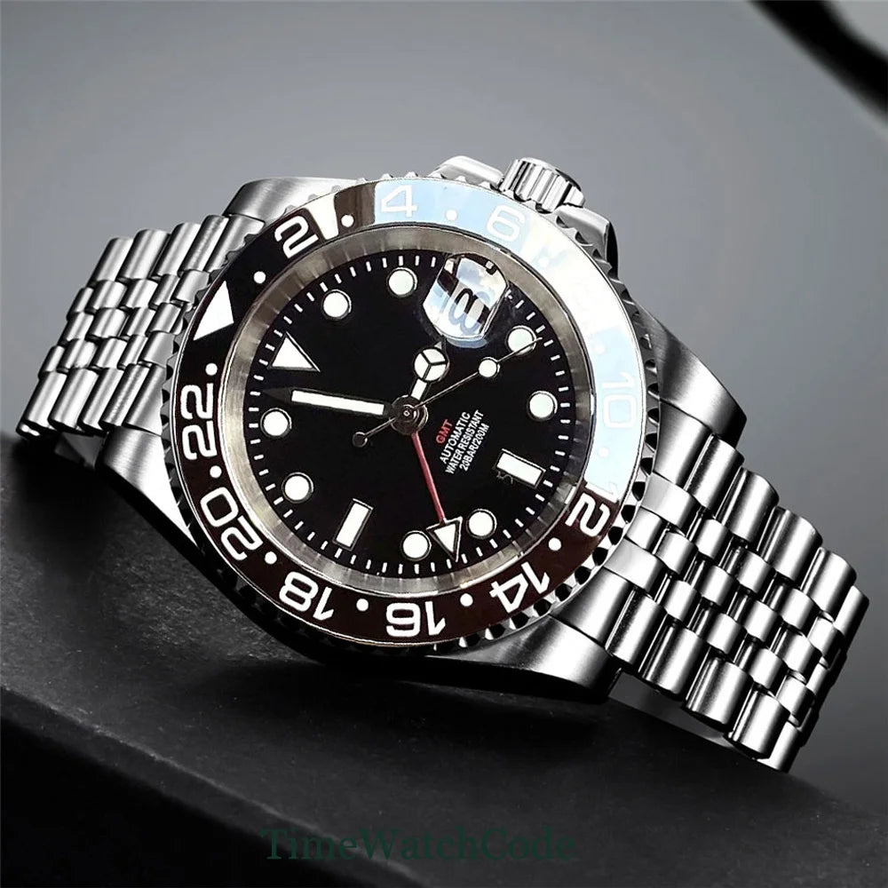 Tandorio 40mm NH34A Men's Automatic Watch GMT Function Luminous Black Dial Sapphire Crystal Auto Date Bracelet Rotating Bezel