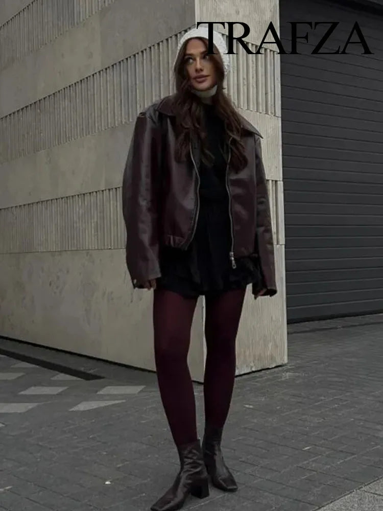 TRAFZA Female Streetwear Style Short Coats Solid Turn-Down Collar Long Sleeves Pockets Zipper Women's Spring Fashion Chic Jacket