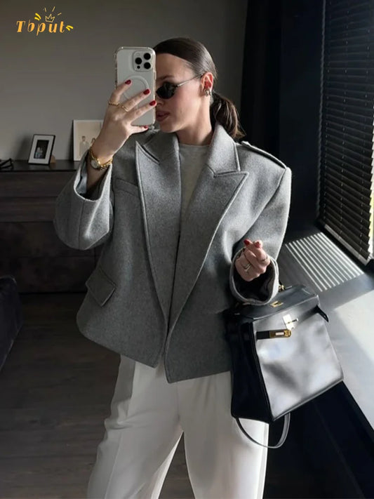 Women's Grey Woolen Blend Blazer Coat Lapel Long Sleeve Fashion Loose Outerwear 2025 New Autumn High Street Solid Commute Jacket