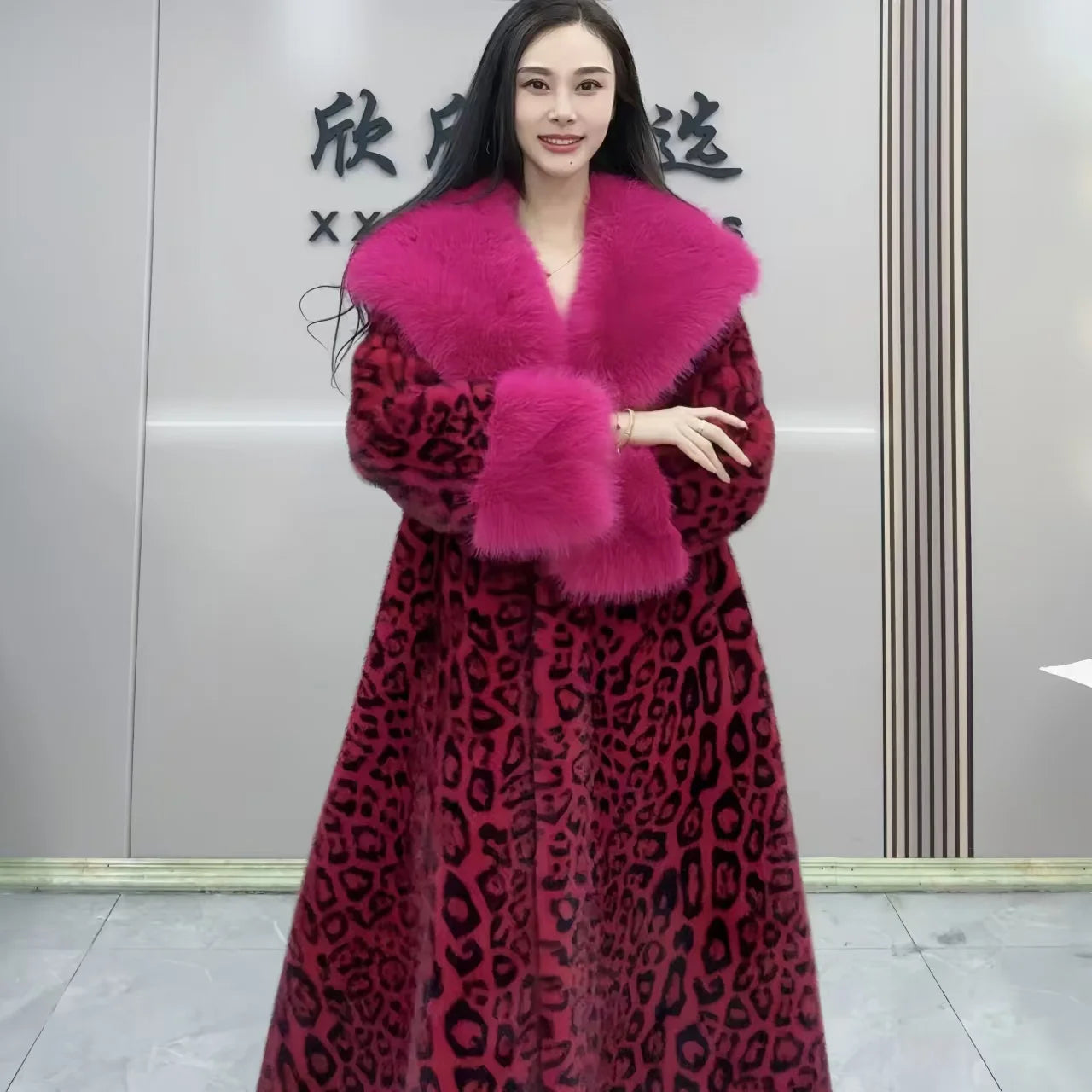 Faux fur coat for women,turn-down collar long jackets,adjustable waist casual overcoat, leopard, spliced, new winter