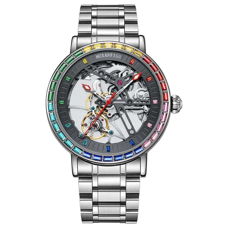 MUSANFIGO new hollowed out fully automatic mechanical watch for men, color diamond stainless steel luminous waterproof watch