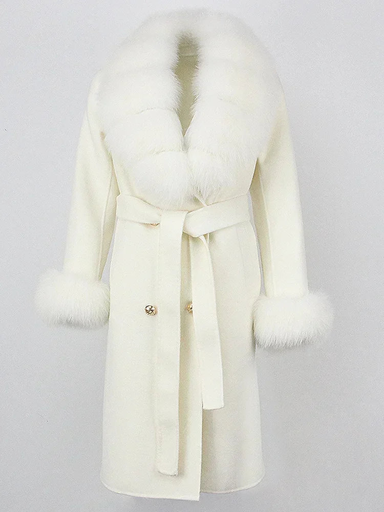 2024 Winter Jacket Women Long Natural Wool Blends Cashmere Real Fur Coat Double Breasted Belt Warm Wool Streetwear New Fashion