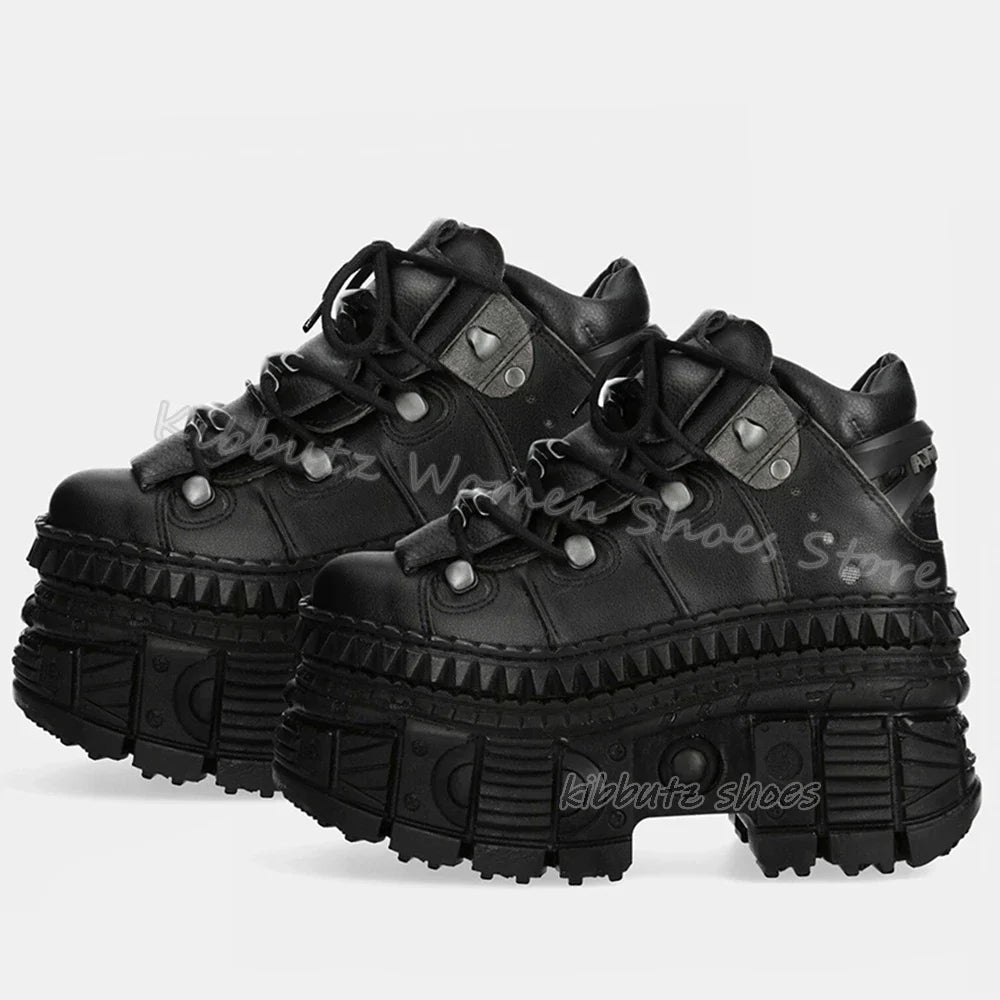 Rivets Gothic Sneaker Thick Bottom Platform Punk Rock Dark Style Lace-Up Fashion Sexy Women Shoes Round Toe Genuine Leather New