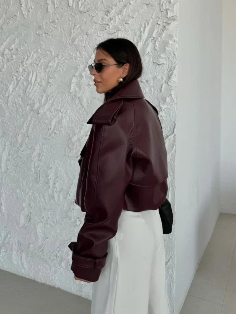 Women's Red Pu Leather Burgundy Solid Lapel Cropped Jacket Female Pockets Long Sleeves Short Coat 2024 Lady Autumn Streetwear