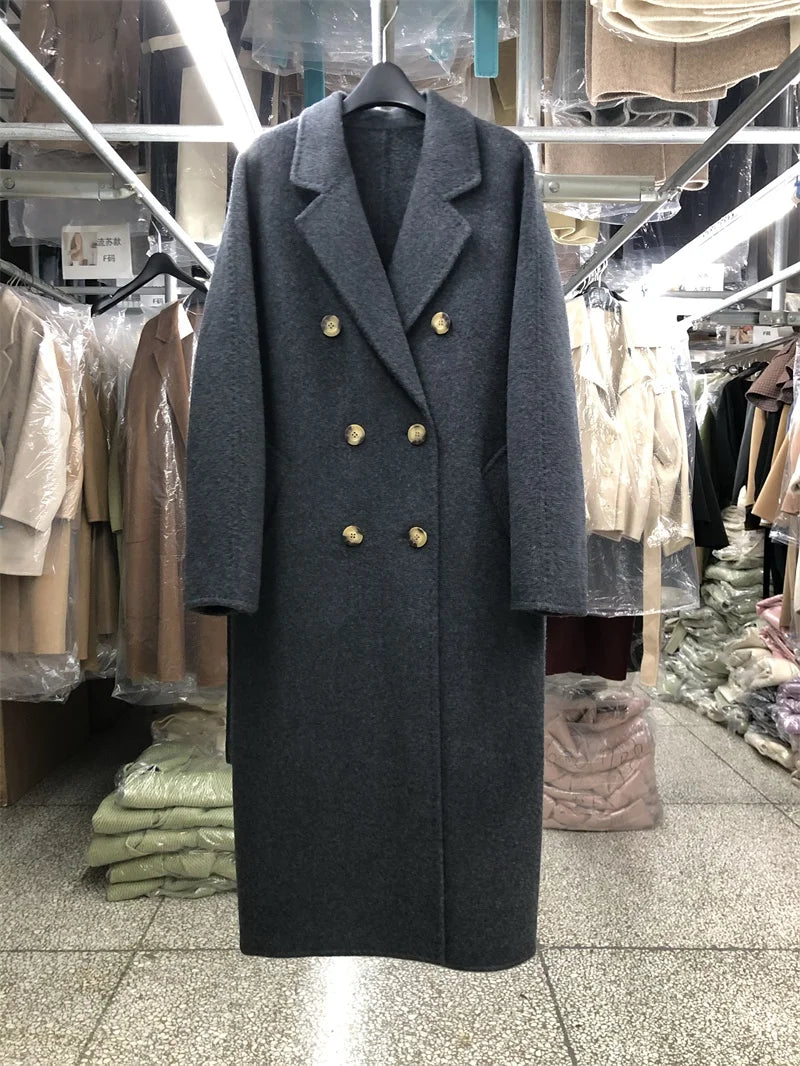 High-end 100% Wool Double-sided Coat Long Women Loose Double-breasted Long Sleeve Lace-up Solid Real Wool Jacket Autumn Winter