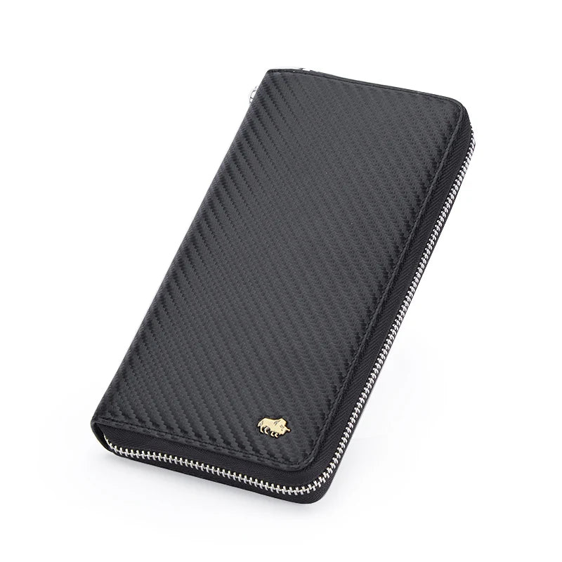 BISON DENIM New Designer Men's Long Wallet High Quality Carbon Fiber Purse RFID Blocking Bill Card Holder Large Capacity Wallet