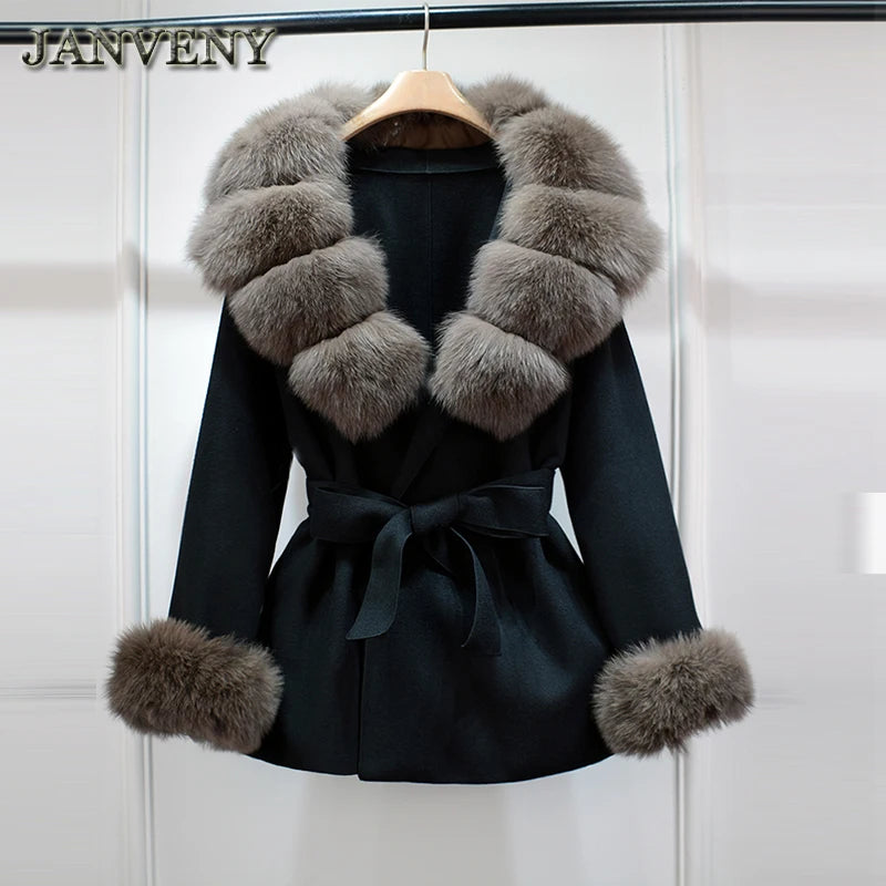 2025 Fashion Winter Real Fox Fur Collar Cuff Cashmere Wool Coat Women Suit Collar Warm Loose Mid Length Belted Wool Coat Blends